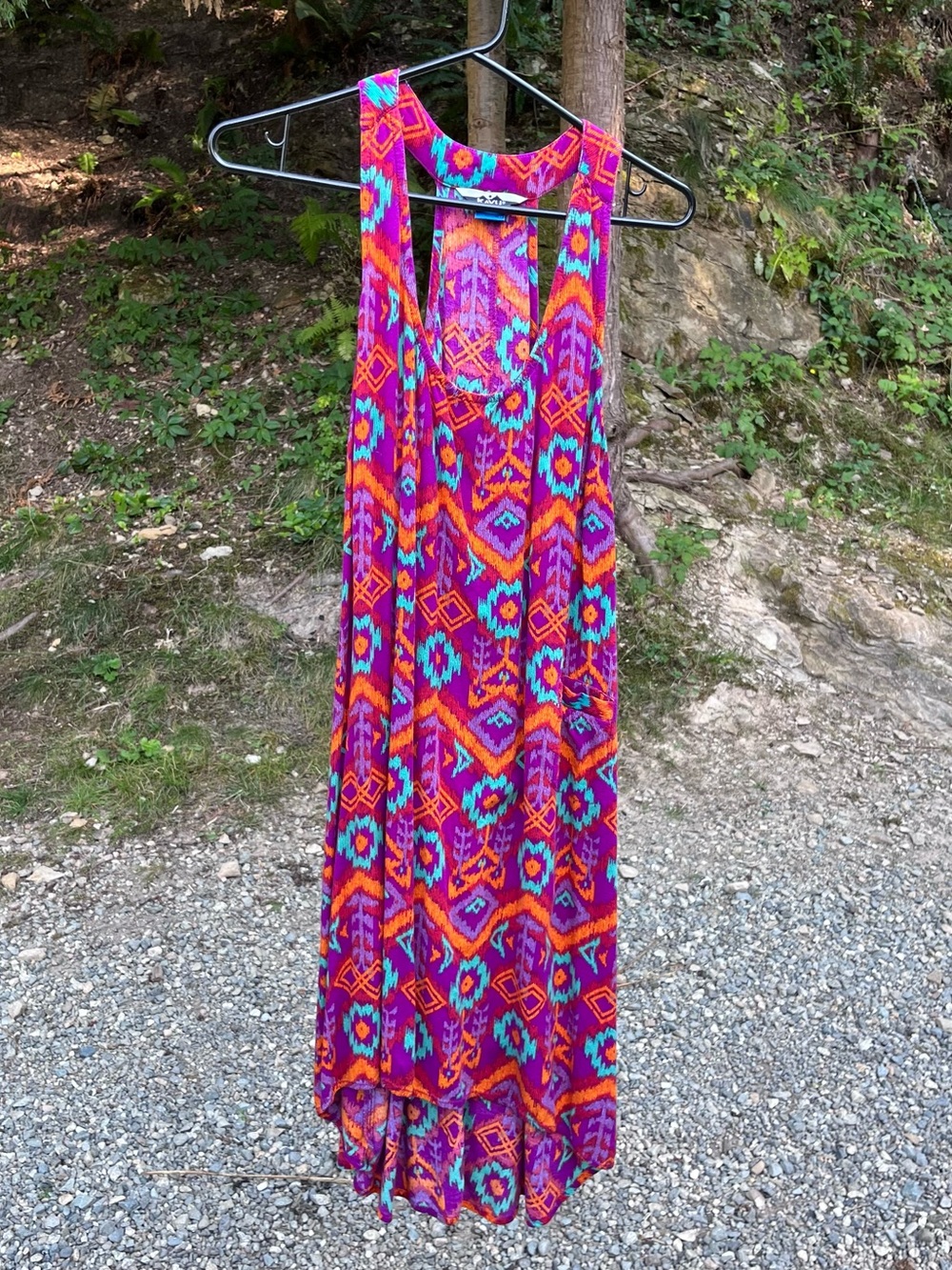 Kavu Racer Back Dress Bright Pink & Orange Aztec Midi Dress with Teal Accents